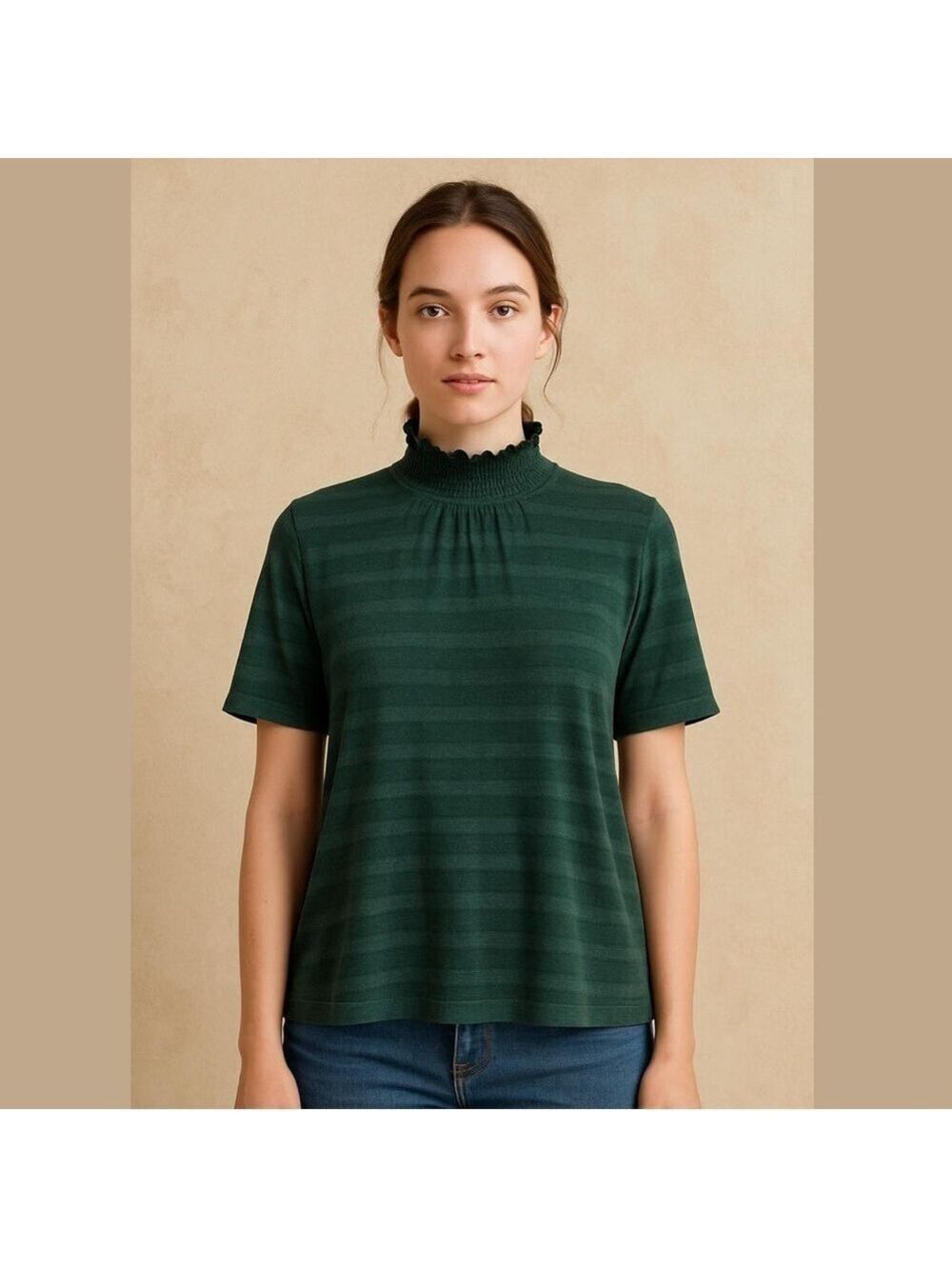 W5 Green striped  short sleeves turtleneck smoked neck top blouse Sz XLarge New